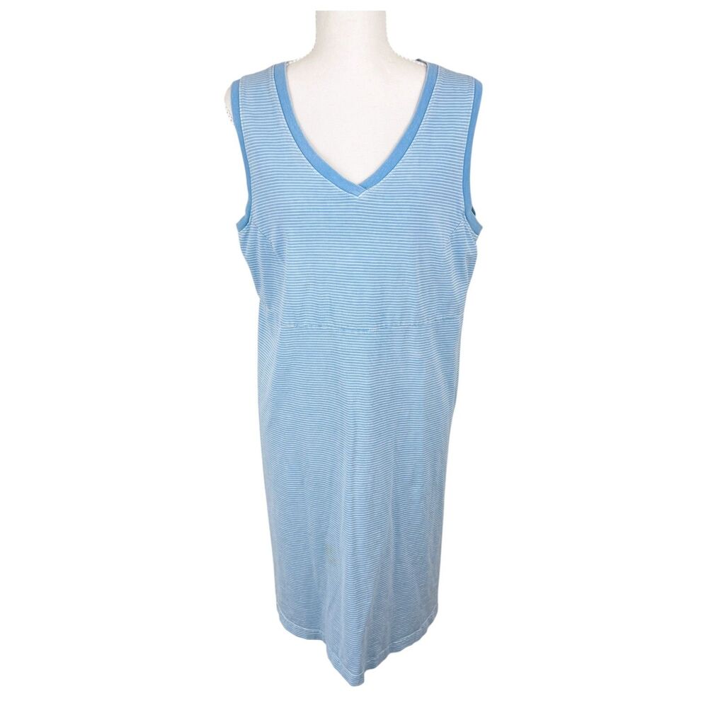Vintage Fresh Produce Dress Women Large Blue White Striped Sleeveless V-Neck